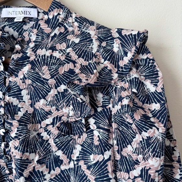 Intermix High Neck Ruffle Blouse Sz 2 Puff Sleeve Blue Tan - Picture 4 of 9